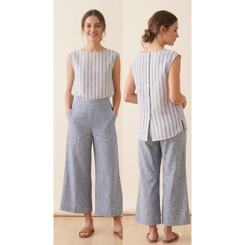 Max Studio Womens Blue White Striped Linen Cotton Button Back Shell Top Large